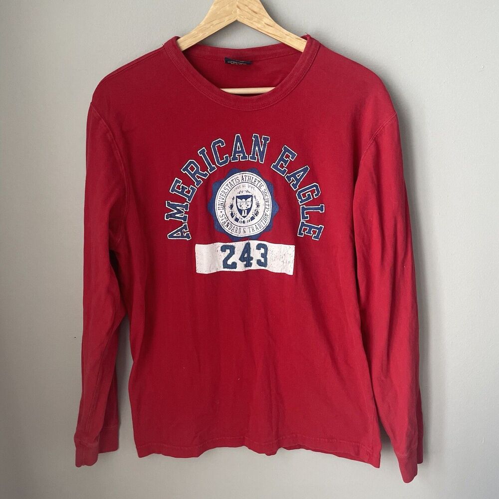 Vintage American Eagle Distressed Graphic Embroidered Red Long Sleeve Men’s Sz M